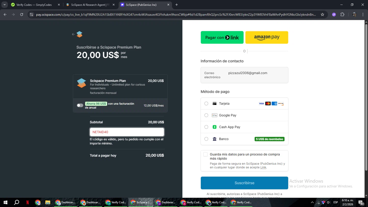 SciSpace checkout page showing SciSpace promo code box | Screenshot taken by SimplyCodes community member on Feb 2, 2026