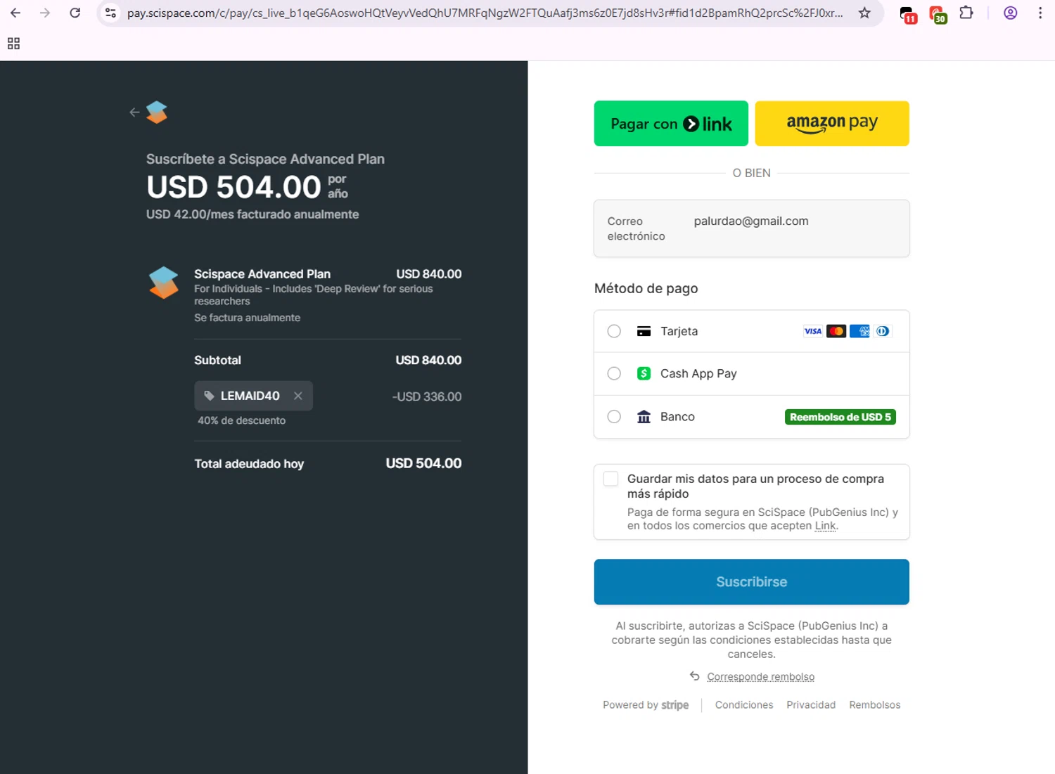 SciSpace promo code screenshot showing code LEMAID40 applied at SciSpace checkout page. Uploaded by SimplyCodes community member SmartPilot7926 on Nov 26, 2025