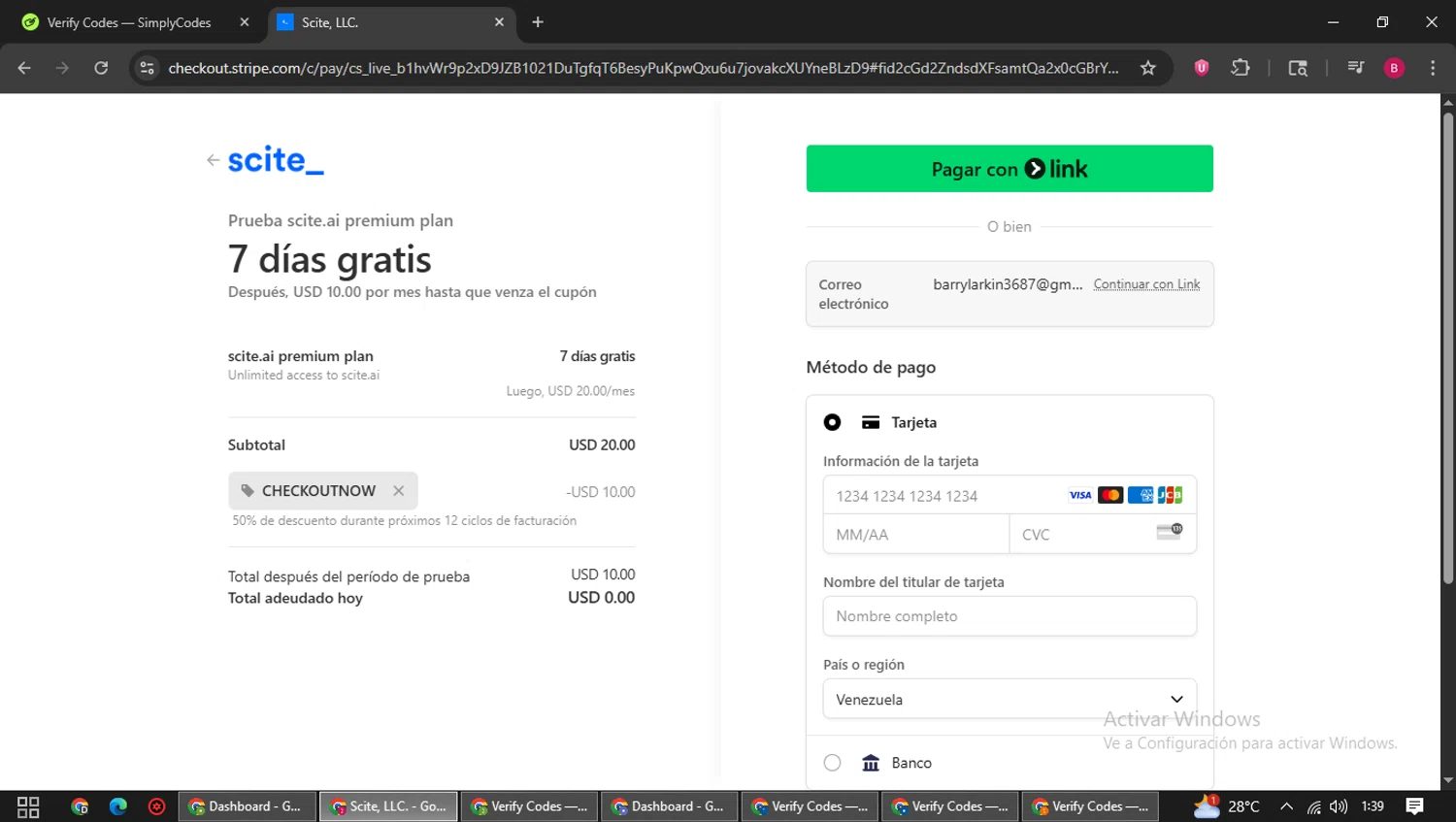 Scite promo code screenshot showing code CHECKOUTNOW applied at Scite checkout page. Uploaded by SimplyCodes community member SwiftSage1747 on Jun 30, 2025