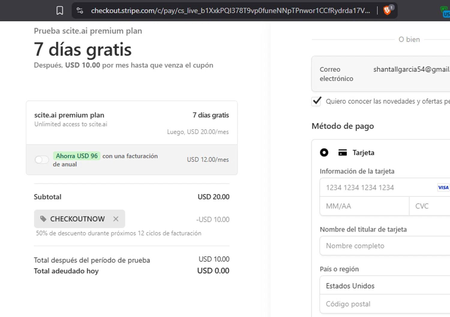 Scite promo code screenshot showing code CHECKOUTNOW applied at Scite checkout page. Uploaded by SimplyCodes community member leiraM on Oct 12, 2025