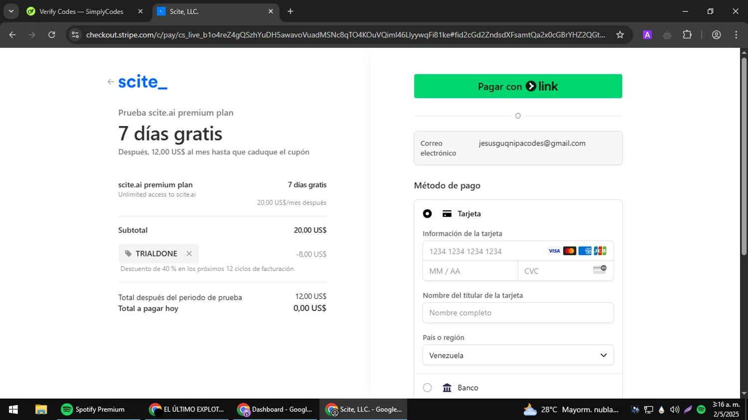 Scite promo code screenshot showing code TRIALDONE applied at Scite checkout page. Uploaded by SimplyCodes community member ELREAL7 on May 2, 2025