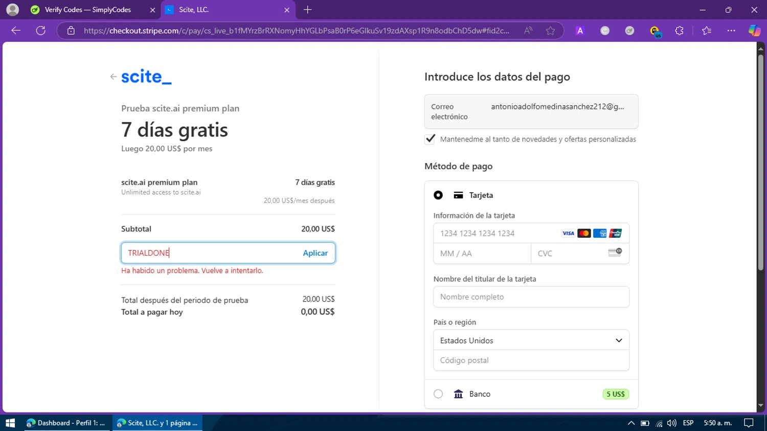 Scite promo code screenshot showing code TRIALDONE applied at Scite checkout page. Uploaded by SimplyCodes community member BargainFox507 on Apr 14, 2025