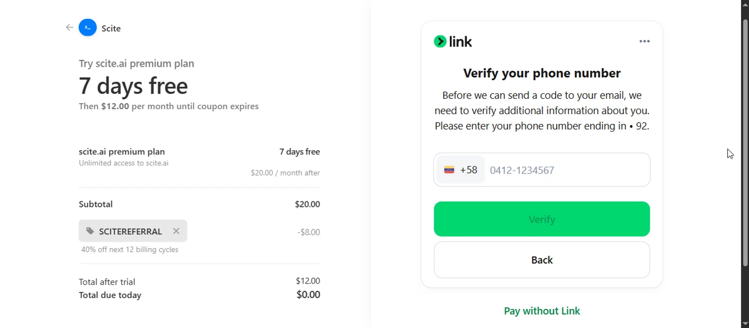 Scite promo code screenshot showing code SCITEREFERRAL applied at Scite checkout page. Uploaded by SimplyCodes community member Enmanuel99 on Sep 14, 2025