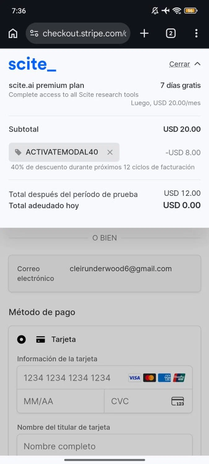 Scite promo code screenshot showing code ACTIVATEMODAL40 applied at Scite checkout page. Uploaded by SimplyCodes community member RoyalSpotter5217 on Feb 27, 2026