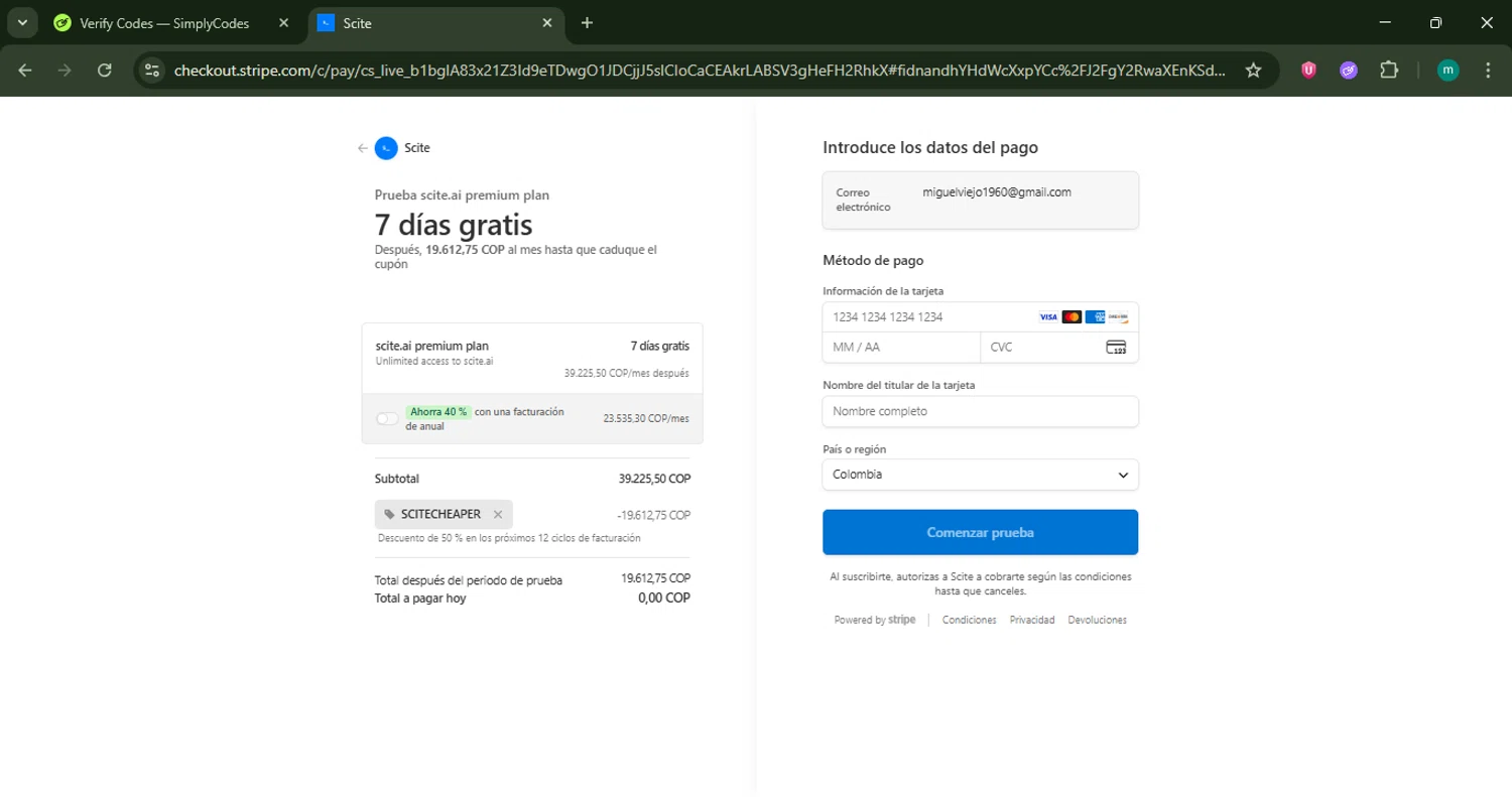 Scite promo code screenshot showing code SCITECHEAPER applied at Scite checkout page. Uploaded by SimplyCodes community member CrownSpotter4262 on Nov 12, 2025