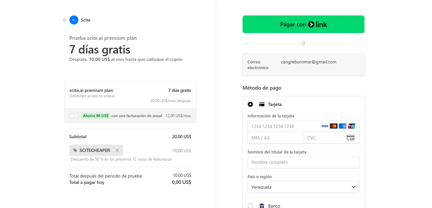 Scite promo code screenshot showing code SCITECHEAPER applied at Scite checkout page. Uploaded by SimplyCodes community member xHRxUltrax on Oct 14, 2025