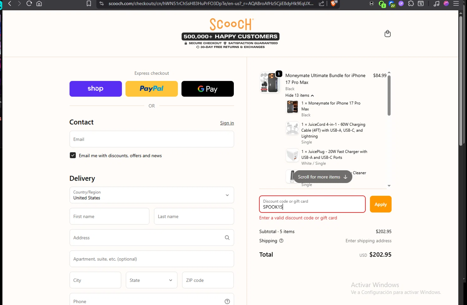 Scooch discount code screenshot showing code SPOOK15 applied at Scooch checkout page. Uploaded by SimplyCodes community member Jmhernand1 on Nov 7, 2025