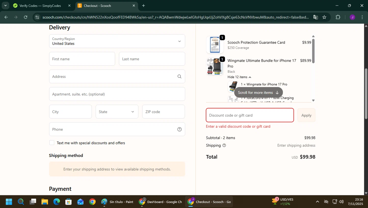 Scooch discount code screenshot showing code SPOOK15 applied at Scooch checkout page. Uploaded by SimplyCodes community member YutakaH0shin0 on Nov 7, 2025