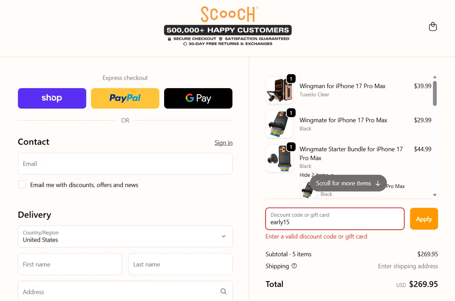 Scooch discount code screenshot showing code early15 applied at Scooch checkout page. Uploaded by SimplyCodes community member JasnibelEgu on Nov 24, 2025