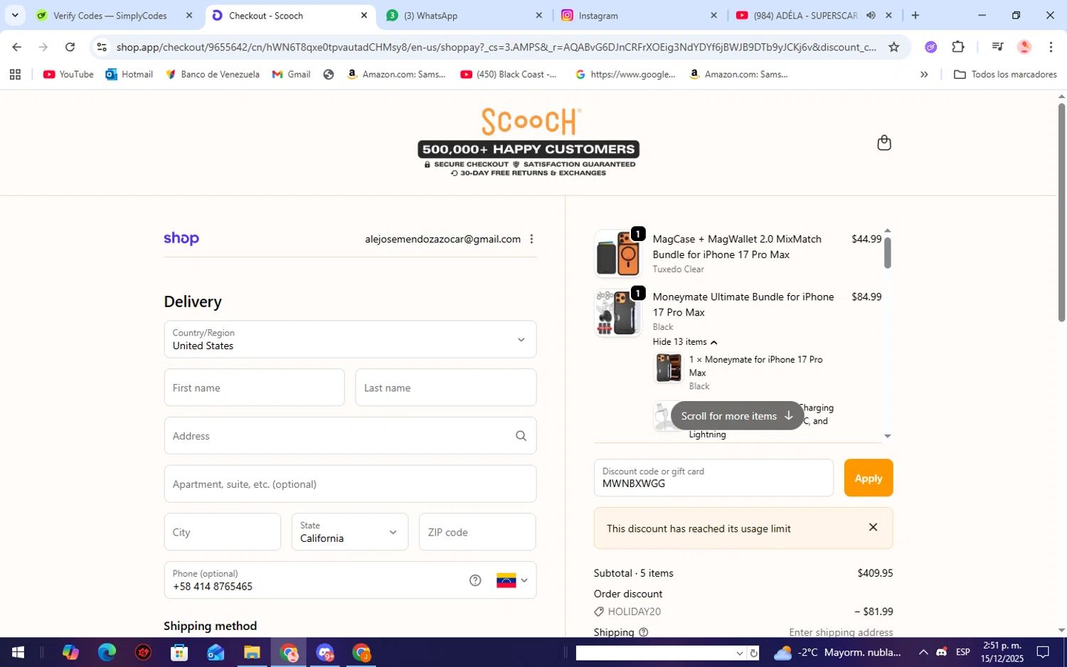 Scooch discount code screenshot showing code MWNBXWGG applied at Scooch checkout page. Uploaded by SimplyCodes community member WiseScholar9036 on Dec 15, 2025