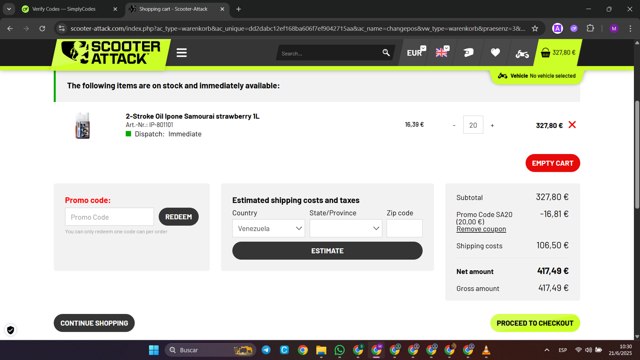 Scooter-Attack checkout page showing Scooter-Attack promo code box | Screenshot taken by SimplyCodes community member on Jun 21, 2025