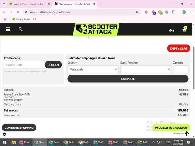 Scooter-Attack checkout page showing Scooter-Attack promo code box | Screenshot taken by SimplyCodes community member on May 30, 2025