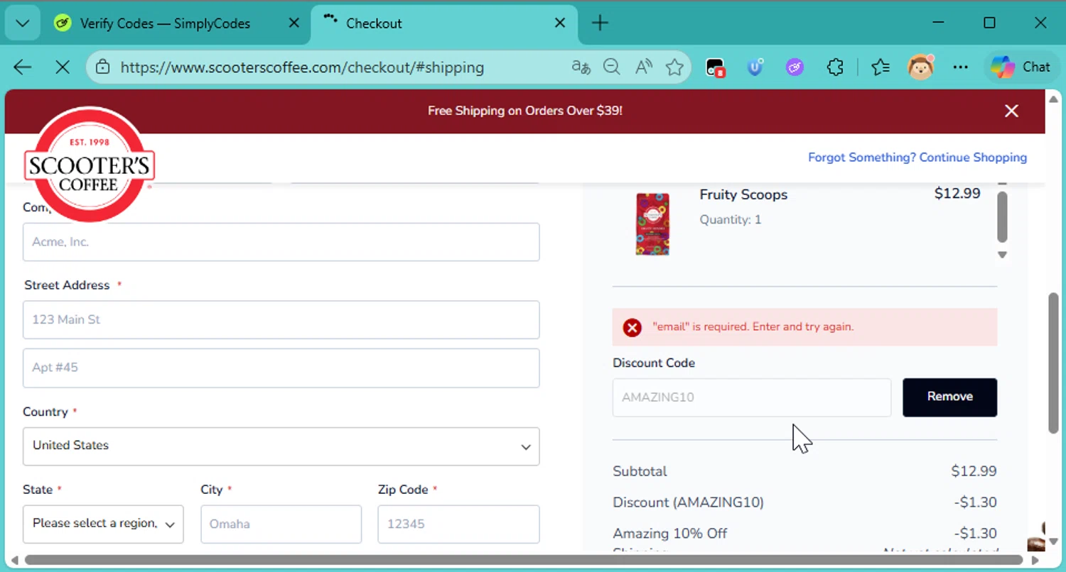 Scooter's Coffee promo code screenshot showing code AMAZING10 applied at Scooter's Coffee checkout page. Uploaded by SimplyCodes community member DonutPunks on Dec 27, 2025