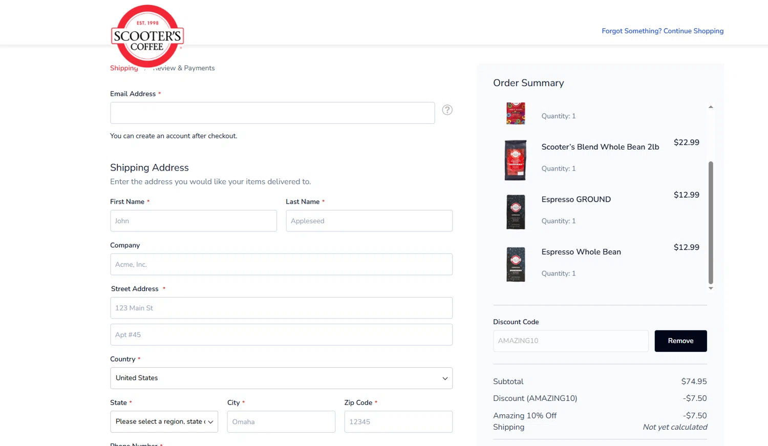 Scooter's Coffee checkout page showing Scooter's Coffee promo code box | Screenshot taken by SimplyCodes community member on Oct 14, 2025
