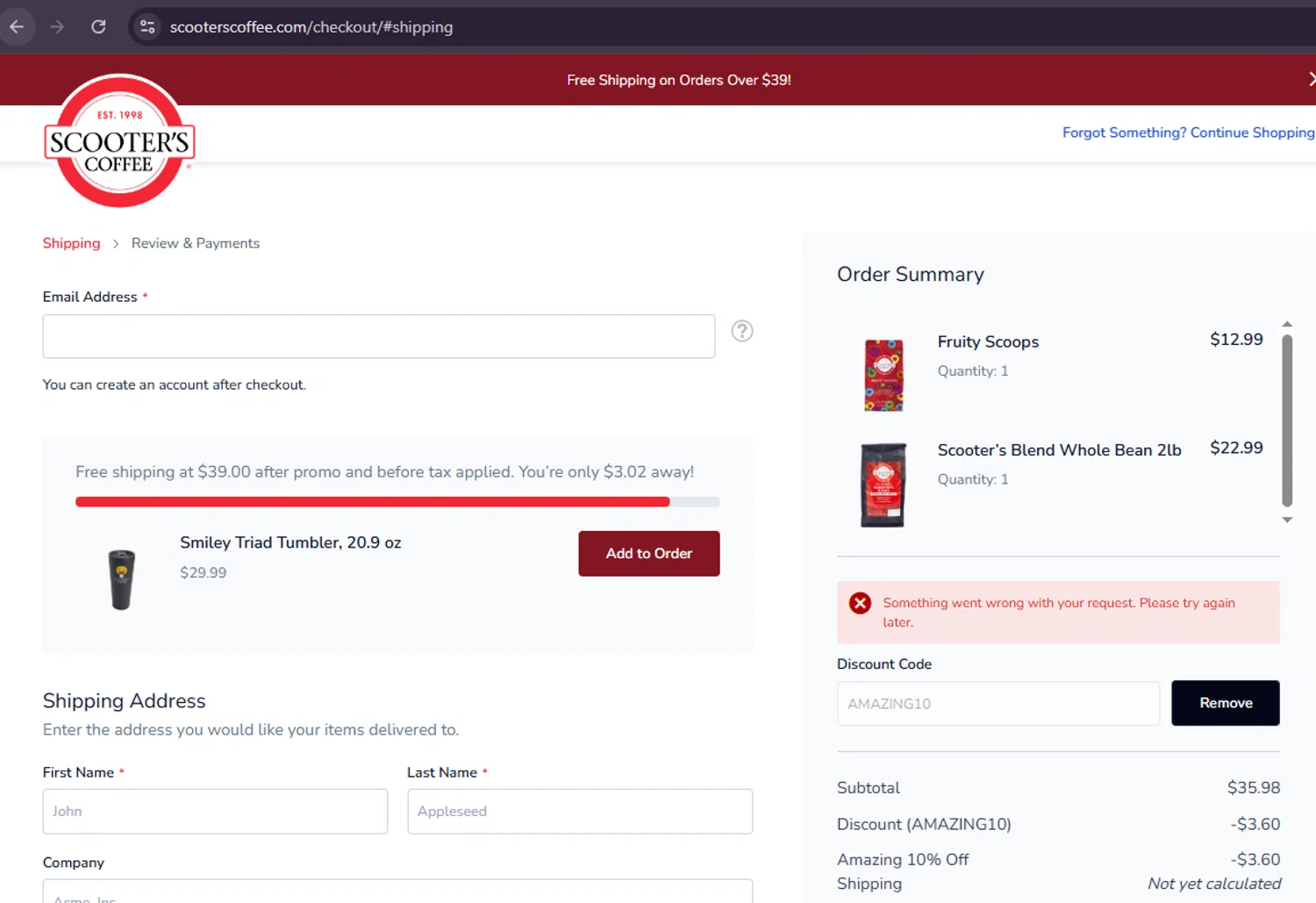 Scooter's Coffee promo code screenshot showing code AMAZING10 applied at Scooter's Coffee checkout page. Uploaded by SimplyCodes community member Samu10 on Dec 27, 2025