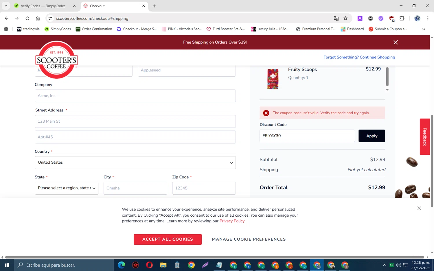 Scooter's Coffee promo code screenshot showing code FRIYAY30 applied at Scooter's Coffee checkout page. Uploaded by SimplyCodes community member JoseH45 on Dec 27, 2025