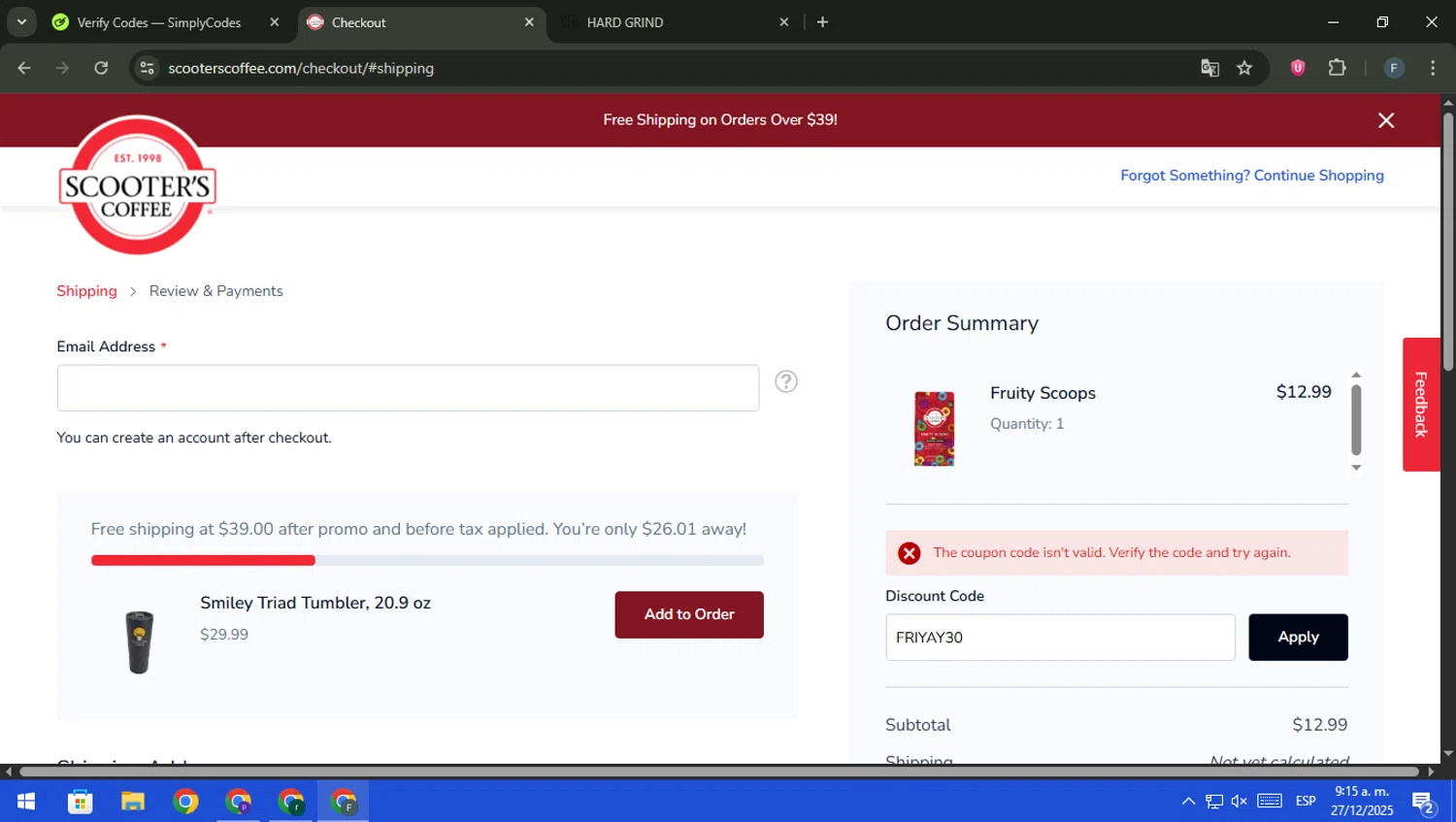 Scooter's Coffee promo code screenshot showing code FRIYAY30 applied at Scooter's Coffee checkout page. Uploaded by SimplyCodes community member pajarito on Dec 27, 2025