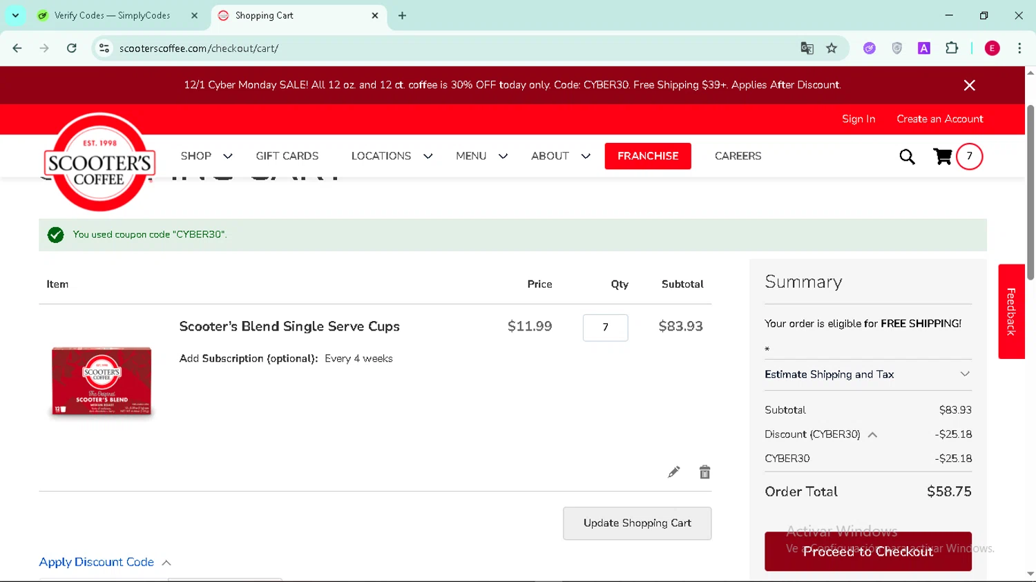 Scooter's Coffee checkout page showing Scooter's Coffee promo code box | Screenshot taken by SimplyCodes community member on Dec 1, 2025