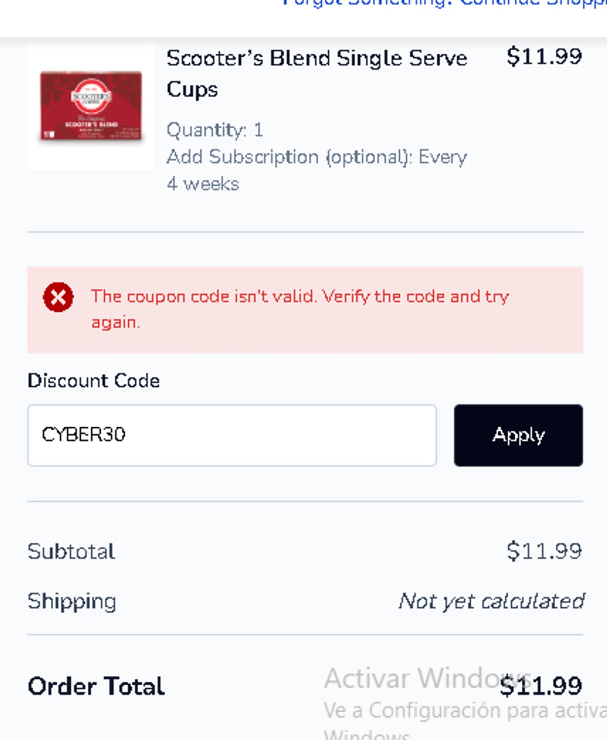 Scooter's Coffee promo code screenshot showing code CYBER30 applied at Scooter's Coffee checkout page. Uploaded by SimplyCodes community member RebateKnight7691 on Dec 10, 2025