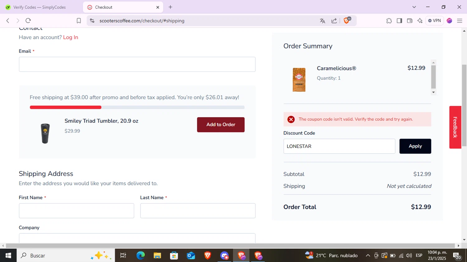 Scooter's Coffee promo code screenshot showing code LONESTAR applied at Scooter's Coffee checkout page. Uploaded by SimplyCodes community member Juan2715 on Jan 24, 2025