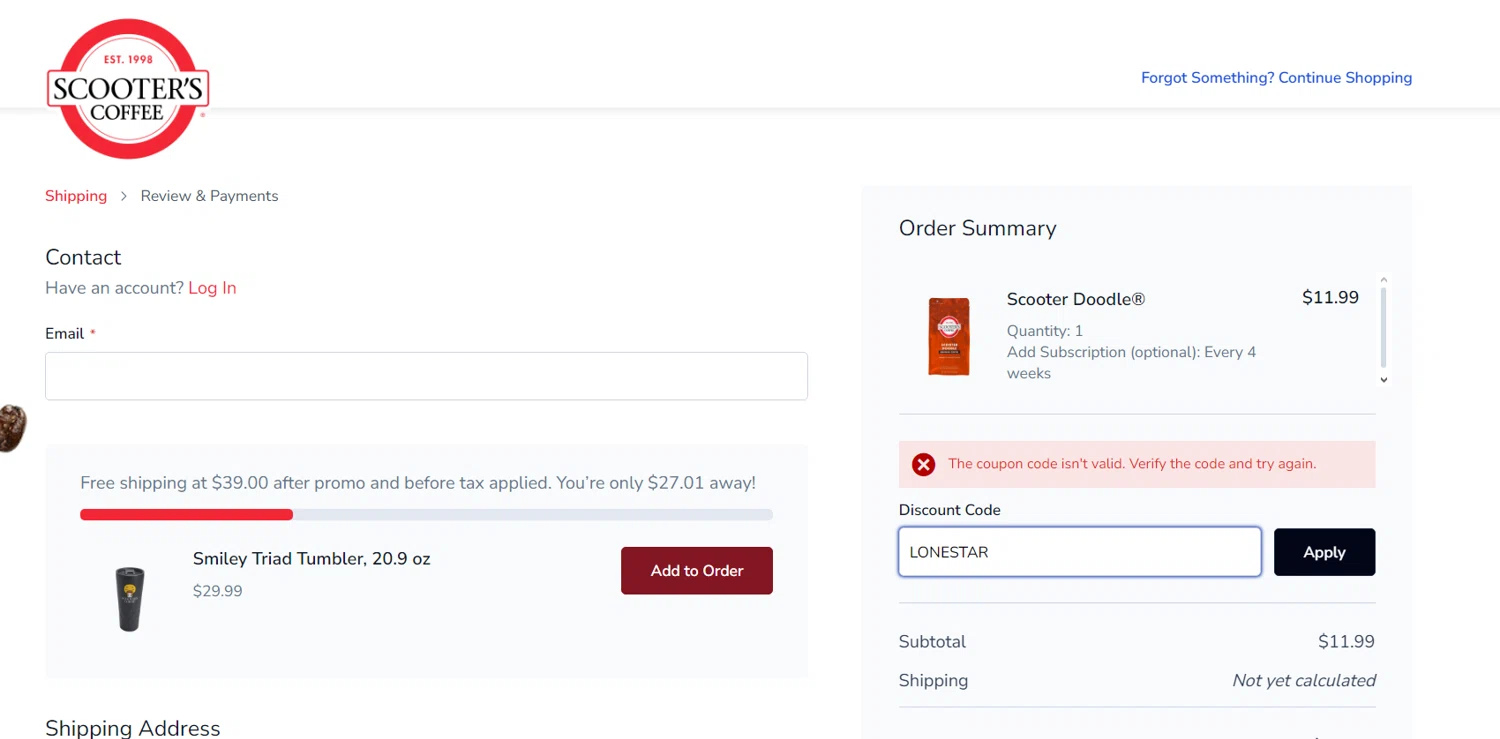 Scooter's Coffee promo code screenshot showing code LONESTAR applied at Scooter's Coffee checkout page. Uploaded by SimplyCodes community member perrasimplera on Feb 26, 2025