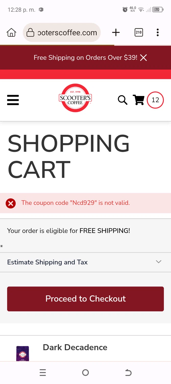 Scooter's Coffee promo code screenshot showing code Ncd929 applied at Scooter's Coffee checkout page. Uploaded by SimplyCodes community member BonusChaser4306 on Oct 28, 2025