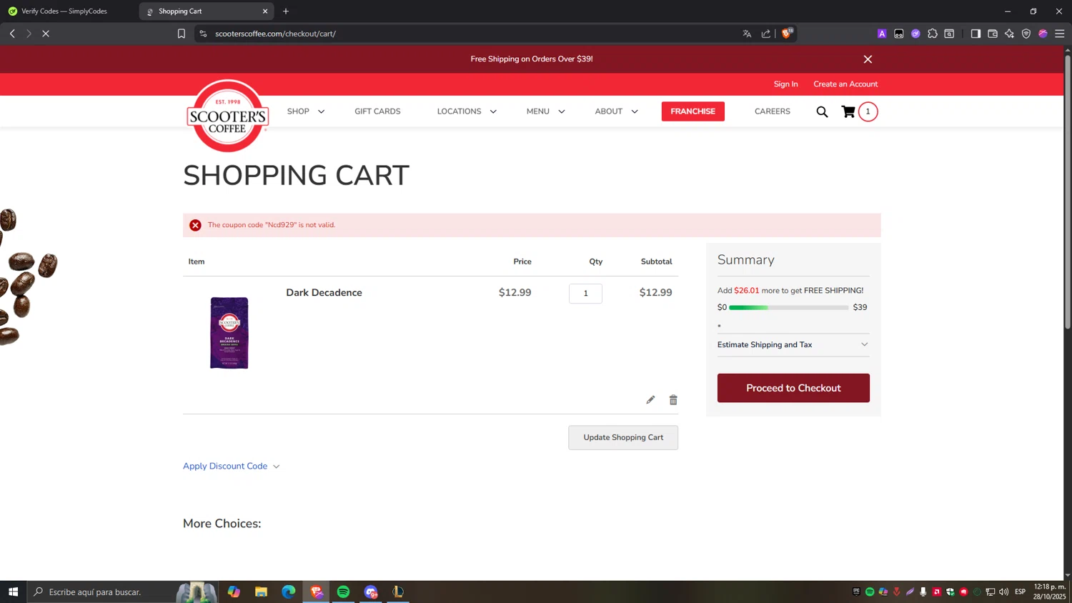 Scooter's Coffee promo code screenshot showing code Ncd929 applied at Scooter's Coffee checkout page. Uploaded by SimplyCodes community member Tragedy on Oct 28, 2025