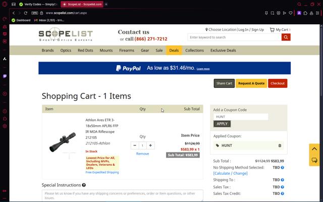Scopelist checkout page showing Scopelist promo code box | Screenshot taken by SimplyCodes community member on May 23, 2025