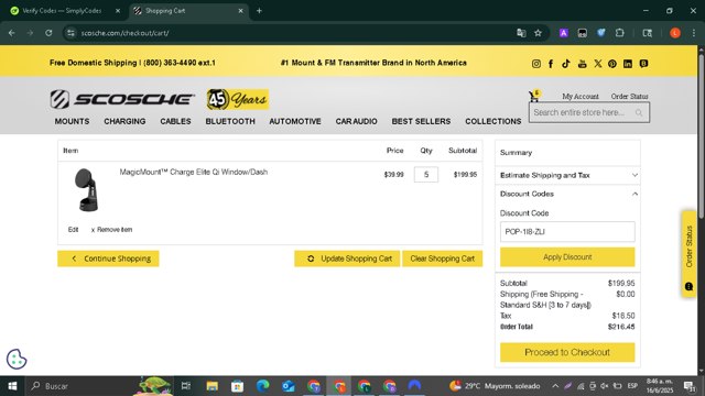 Scosche checkout page showing Scosche promo code box | Screenshot taken by SimplyCodes community member on Jun 16, 2025