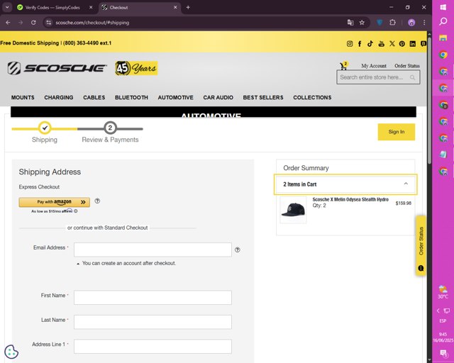 Scosche checkout page showing Scosche promo code box | Screenshot taken by SimplyCodes community member on Jun 16, 2025