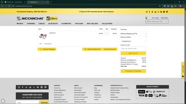 Scosche checkout page showing Scosche promo code box | Screenshot taken by SimplyCodes community member on Jun 12, 2025
