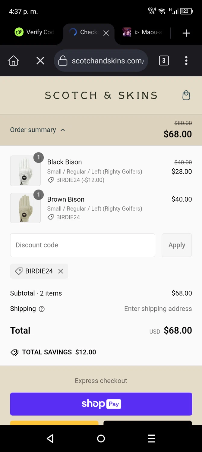 Scotch & Skins promo code screenshot showing code birdie24 applied at Scotch & Skins checkout page. Uploaded by SimplyCodes community member ANPORX50000X on Feb 2, 2025