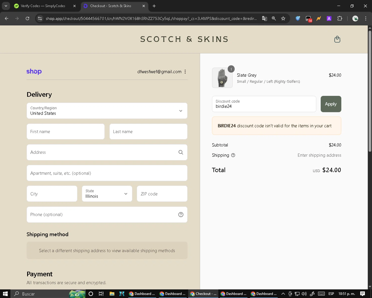 Scotch & Skins promo code screenshot showing code birdie24 applied at Scotch & Skins checkout page. Uploaded by SimplyCodes community member RebateCaptain6440 on Sep 2, 2025