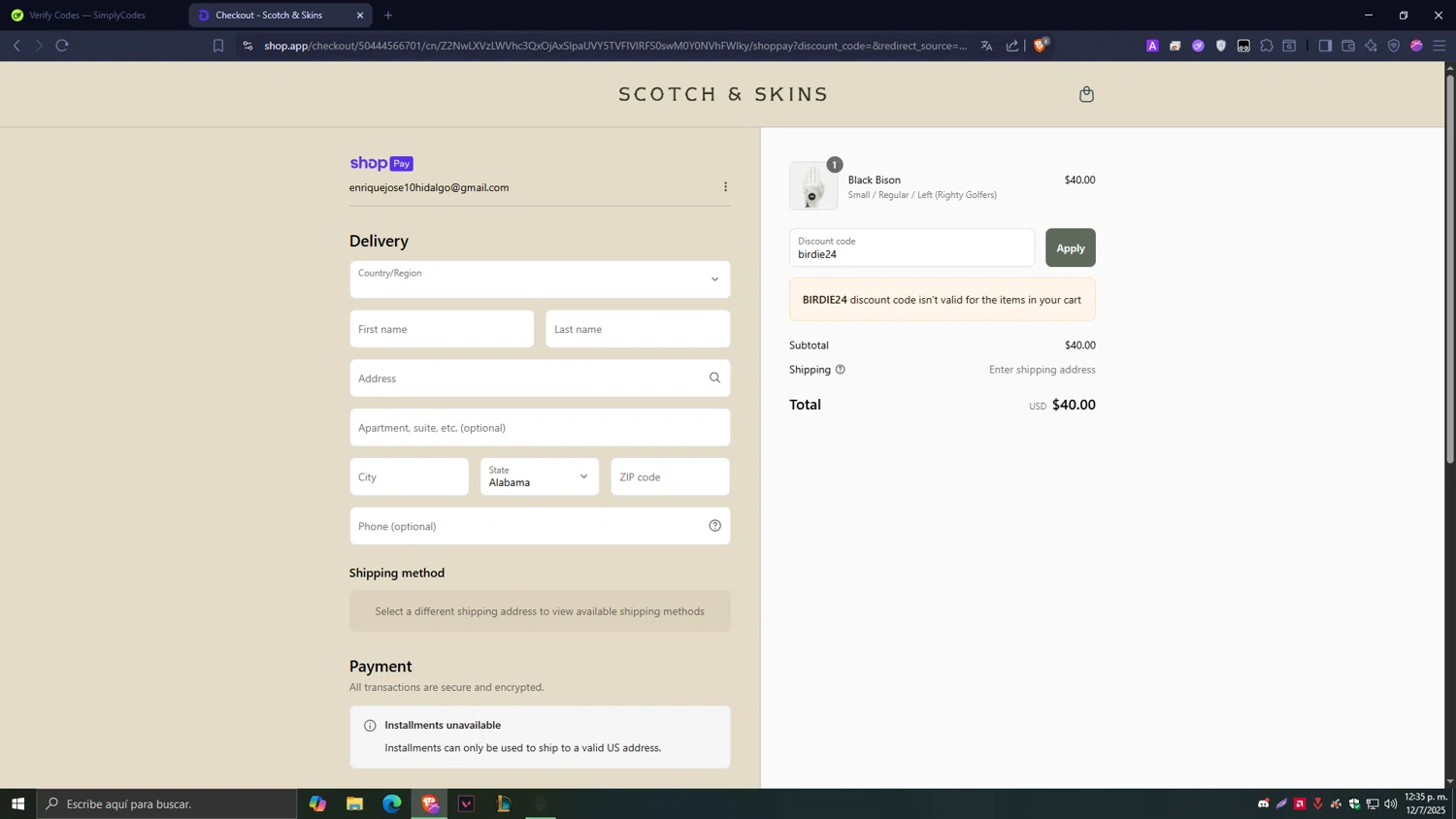 Scotch & Skins promo code screenshot showing code birdie24 applied at Scotch & Skins checkout page. Uploaded by SimplyCodes community member Tragedy on Jul 12, 2025