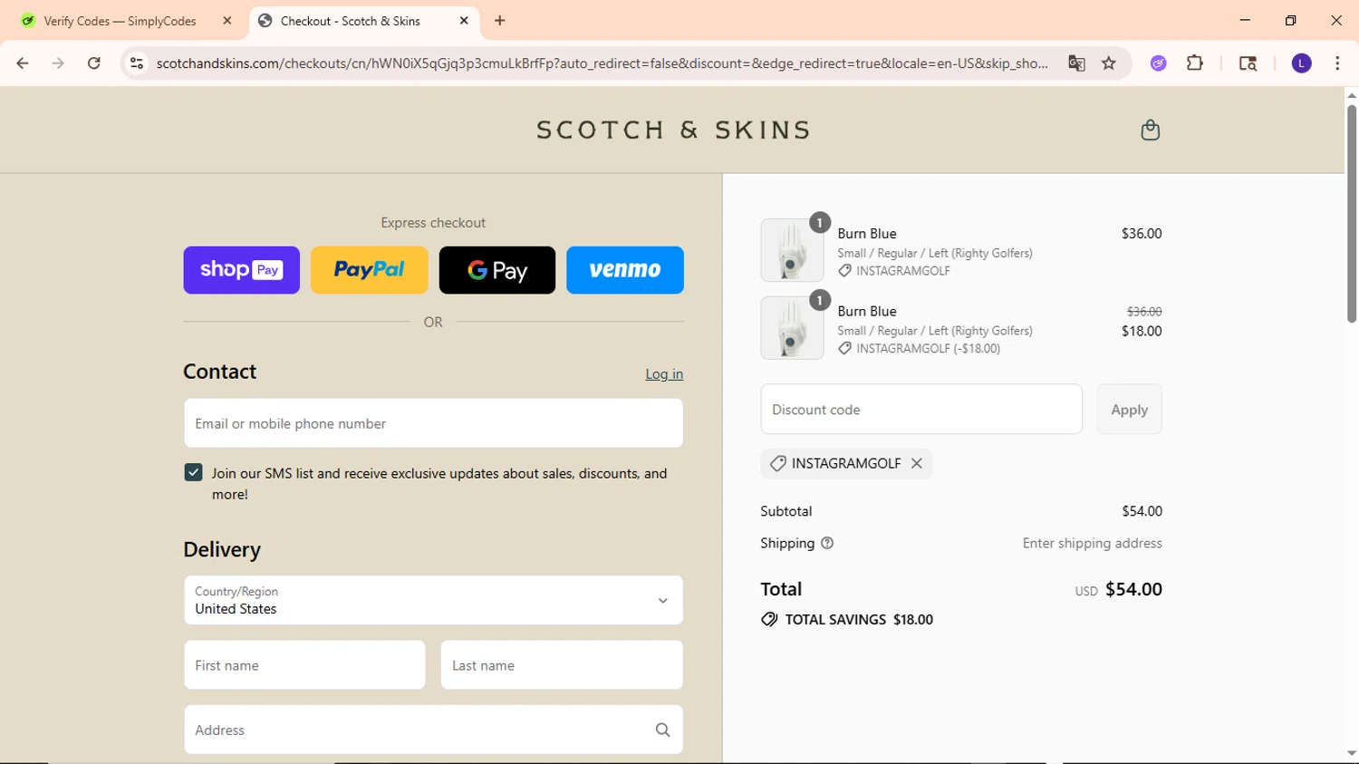 Scotch & Skins promo code screenshot showing code INSTAGRAMGOLF applied at Scotch & Skins checkout page. Uploaded by SimplyCodes community member EpicWarden3081 on Jul 17, 2025