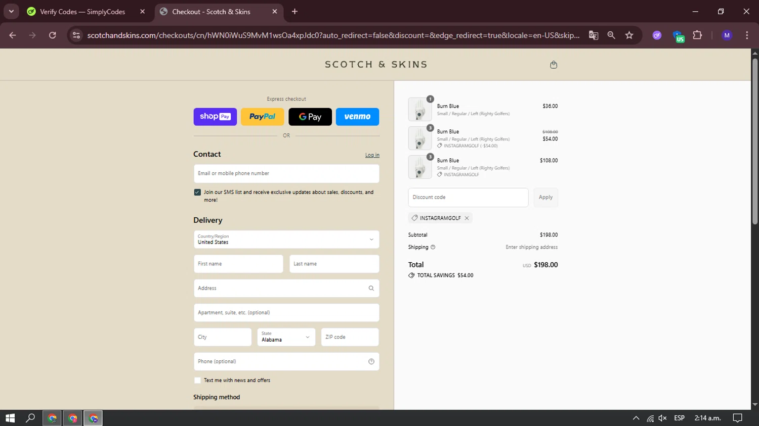 Scotch & Skins promo code screenshot showing code INSTAGRAMGOLF applied at Scotch & Skins checkout page. Uploaded by SimplyCodes community member dominictoretto on Jul 17, 2025