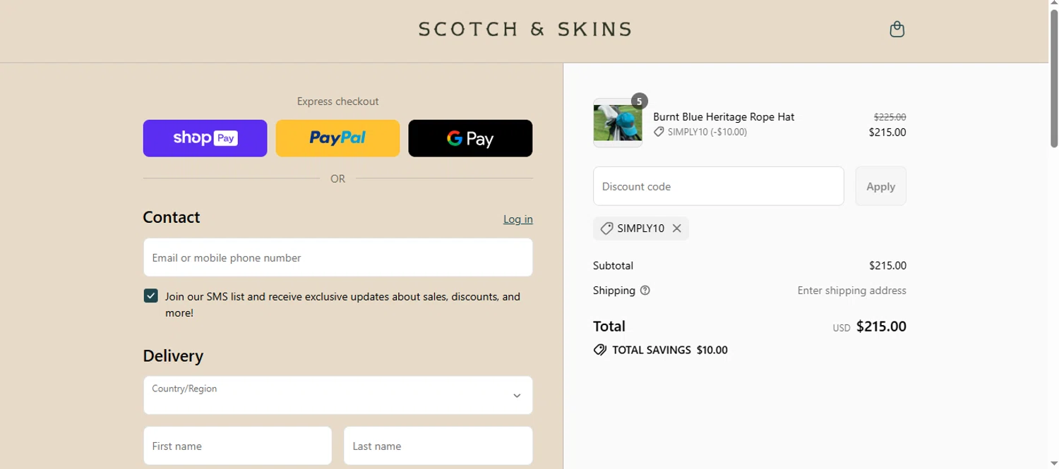 Scotch & Skins promo code screenshot showing code SIMPLY10 applied at Scotch & Skins checkout page. Uploaded by SimplyCodes community member cuponbara on Jul 30, 2025