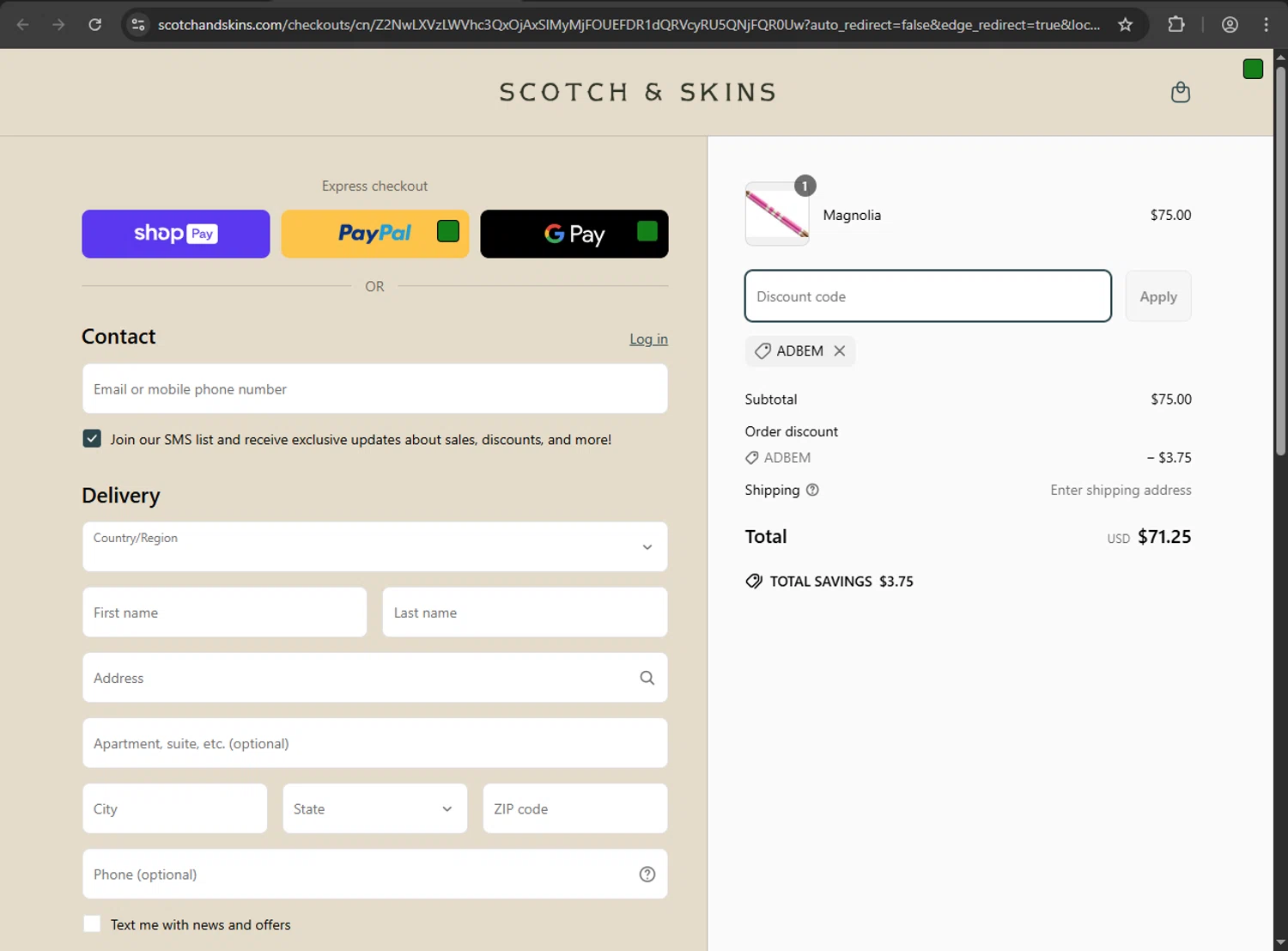Scotch & Skins promo code screenshot showing code ADBEM applied at Scotch & Skins checkout page. Uploaded by SimplyCodes community member Scrooge on Apr 17, 2025