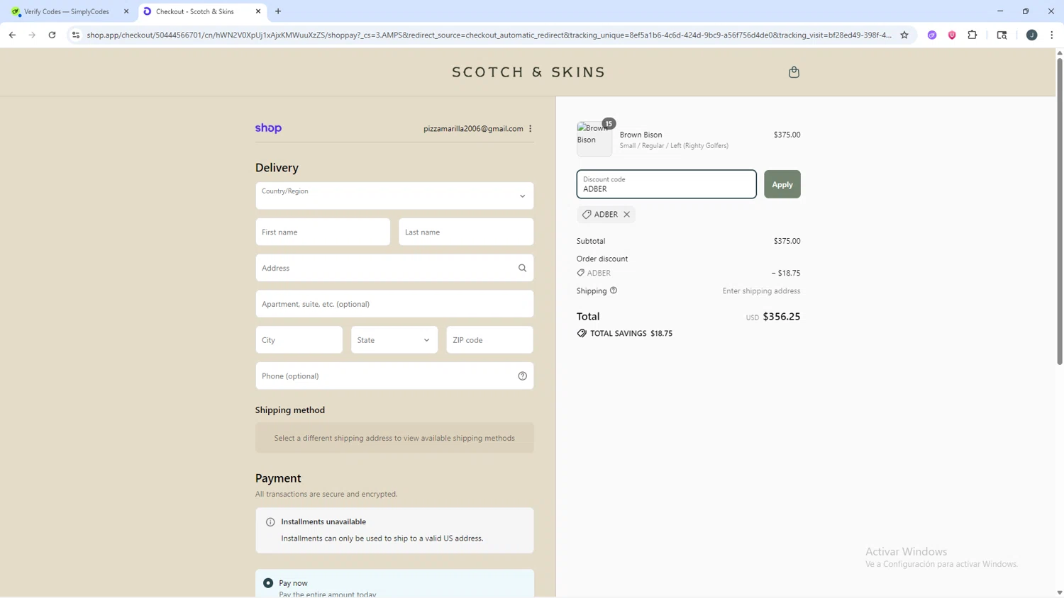 Scotch & Skins promo code screenshot showing code ADBER applied at Scotch & Skins checkout page. Uploaded by SimplyCodes community member AVATIGRITO on Sep 2, 2025