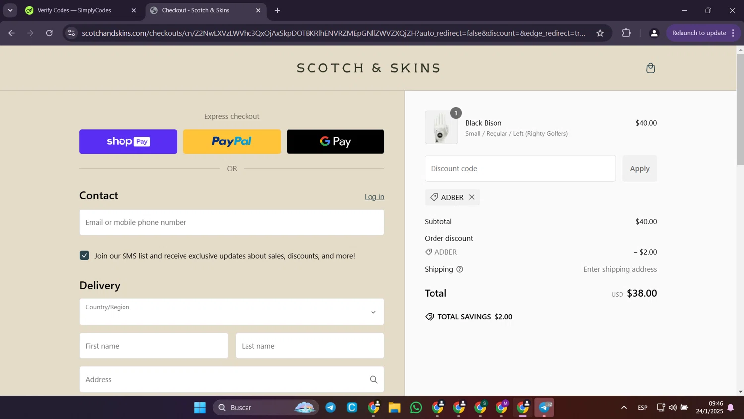 Scotch & Skins promo code screenshot showing code ADBER applied at Scotch & Skins checkout page. Uploaded by SimplyCodes community member Puppet on Jan 24, 2025