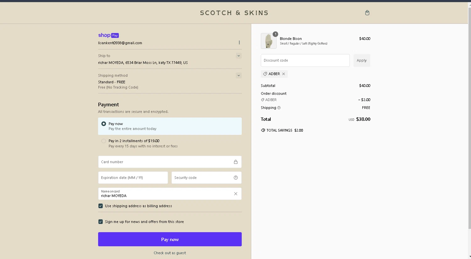 Scotch & Skins promo code screenshot showing code ADBER applied at Scotch & Skins checkout page. Uploaded by SimplyCodes community member VEROSS on Jan 24, 2025