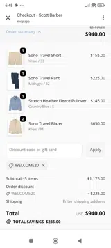 WELCOME20 coupon verification screenshot