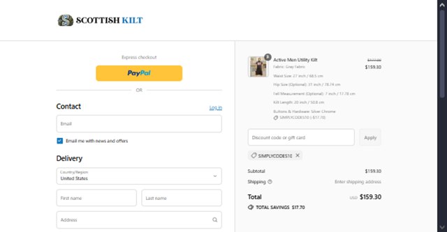 Scottish Kilt checkout page showing Scottish Kilt promo code box | Screenshot taken by SimplyCodes community member on Jul 30, 2025