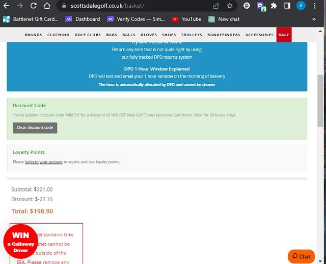 Scottsdale Golf checkout page showing Scottsdale Golf discount code box | Screenshot taken by SimplyCodes community member on Jun 13, 2023