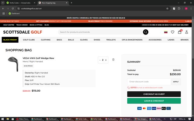 Scottsdale Golf checkout page showing Scottsdale Golf discount code box | Screenshot taken by SimplyCodes community member on Nov 11, 2024