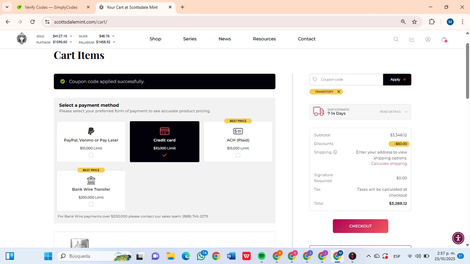 Scottsdale Mint coupon code screenshot showing code TRANSITORY applied at Scottsdale Mint checkout page. Uploaded by SimplyCodes community member BrilliantLion8135 on Oct 25, 2025