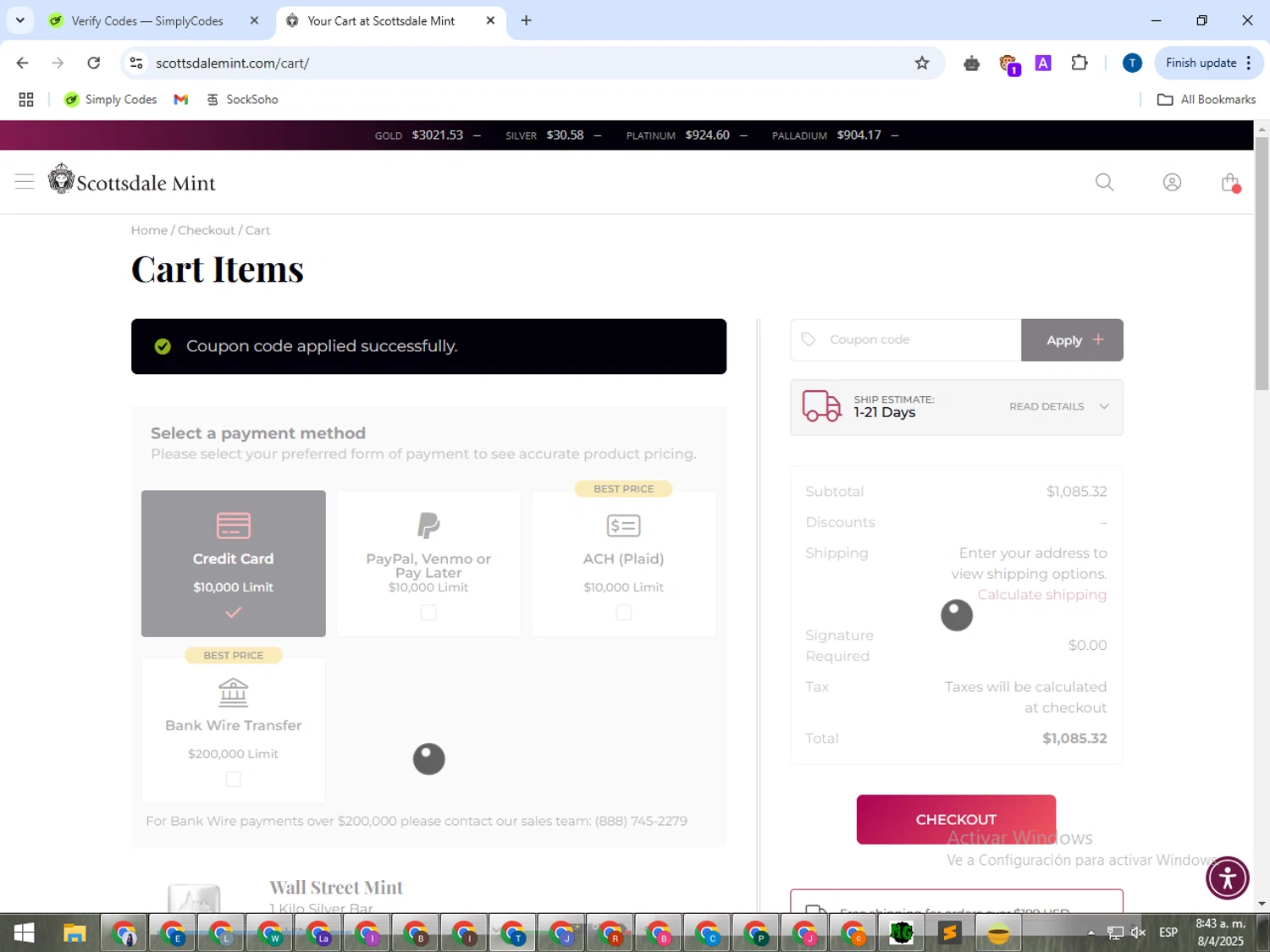 Scottsdale Mint coupon code screenshot showing code TRANSITORY applied at Scottsdale Mint checkout page. Uploaded by SimplyCodes community member NobleAce3835 on Apr 8, 2025