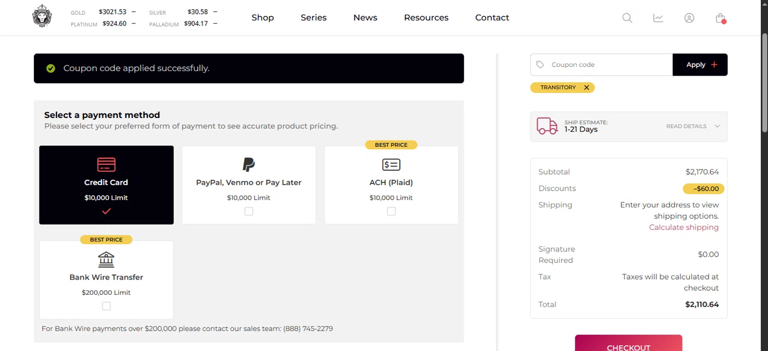 Scottsdale Mint coupon code screenshot showing code TRANSITORY applied at Scottsdale Mint checkout page. Uploaded by SimplyCodes community member robertic0x10 on Apr 8, 2025