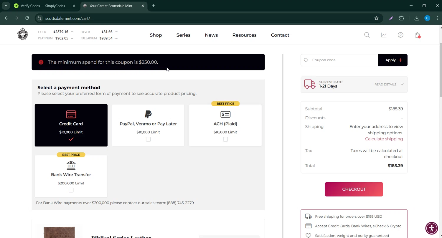 Scottsdale Mint coupon code screenshot showing code NEWSLETTERSIGNUP21 applied at Scottsdale Mint checkout page. Uploaded by SimplyCodes community member _____________ on Mar 3, 2025