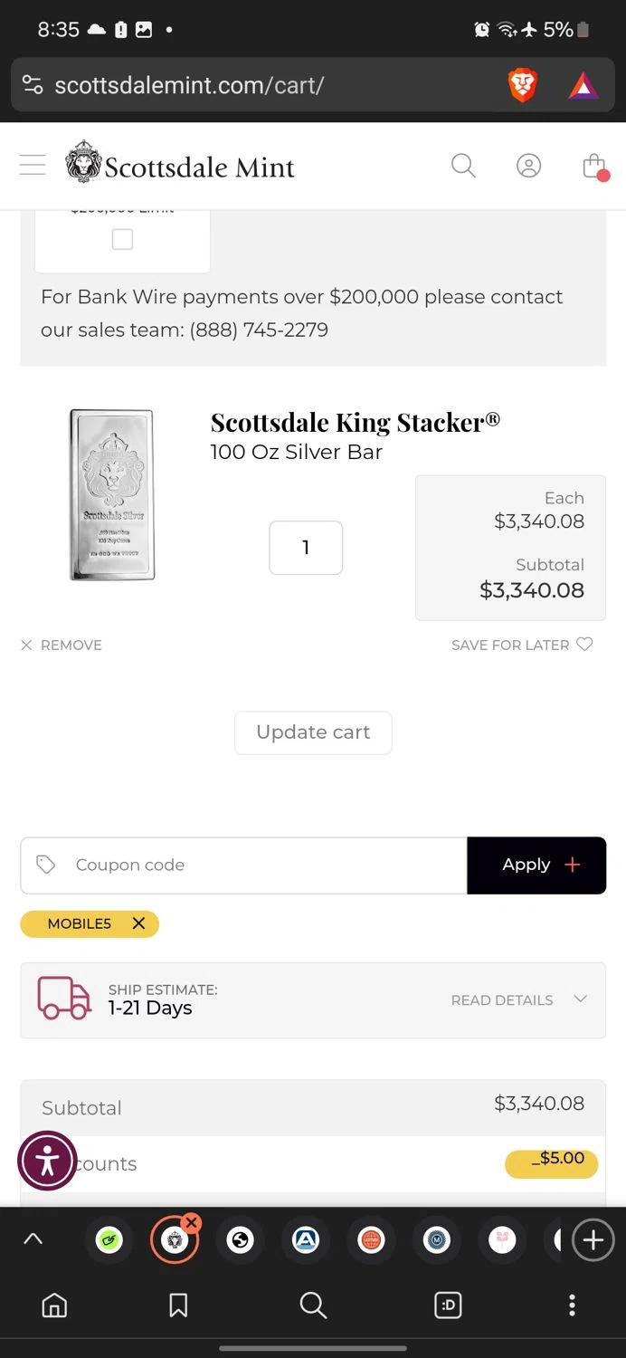 Scottsdale Mint coupon code screenshot showing code MOBILE5 applied at Scottsdale Mint checkout page. Uploaded by SimplyCodes community member conorgrey on Jan 4, 2025